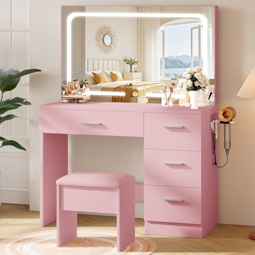 Makeup Vanity Desk Set, Pink, 35.4“W x 15.7" D x 53.9" H (Large Smart LED Mirror, with Cushion Stool, Hairdryer Rack, Power-Outlet, 4 Drawers)