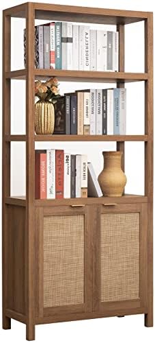 SICOTAS Bookshelf 5 Tier Book Shelf Rattan Boho 71" Tall Bookcase with Doors Storage Shelves Large Bookshelves Farmhouse Bookcases Library Book Case for Living Room Bedroom Home Office Kitchen