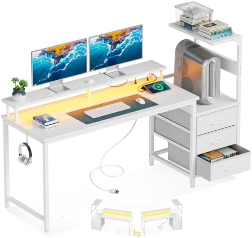 AODK 59 Inch Gaming Desk with USB Charging Ports & LED Light- Reversible Computer Desk with Storage Shelves & Monitor Stand, Modern Gamer Desk Table with Fabric Drawers & Side Hook, Carbon Fiber White