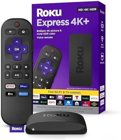 Roku Express 4K+ | Roku Streaming Device 4K/HDR with Voice Remote, Free & Live TV