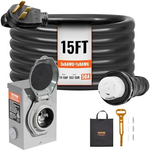 VEVOR 50 Amp Generator Cord and Power Inlet Box Kit, 15FT Generator Extension Cord NEMA 14-50P/SS2-50R STW 6/3+8/1 AWG with Twist Lock Connector, Pre-Drilled Inlet Box, ETL Listed