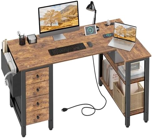Lufeiya L Shaped Desk with Drawers & Storage Shelves, 47 Inch Small Reversible Corner Desk with Power Outlet for Home Office Bedroom, L-Shaped Gaming PC Computer Desks with Fabric Drawer, Rustic Brown