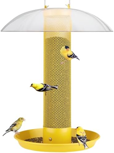Kingsyard Thistle & Nyjer Bird Feeders for Outdoors Hanging, Metal Finch Feeder with Weatherproof Dome & Removable Tray, 14 Inch Mesh Tube, 2-1/4 lbs Seed Capacity, Great for Wild Bird (Yellow)