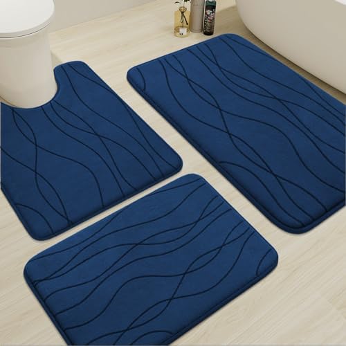 YIHOUSE Memory Foam Blue Bathroom Rug Sets 3 Piece, Ultra Absorbent Bath Mat for Bathroom - Non-Slip Machine Washable & Dry Quickly, 3 Piece Bathroom Mat Set, Navy Blue