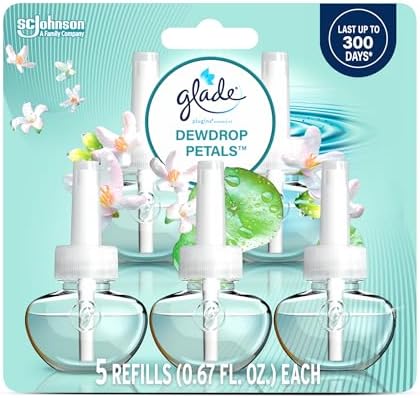 Glade PlugIns Refills Air Freshener, Dewdrop Petals, Scented and Essential Oils for Home and Bathroom, 0.67 Fl Oz, 5 Count