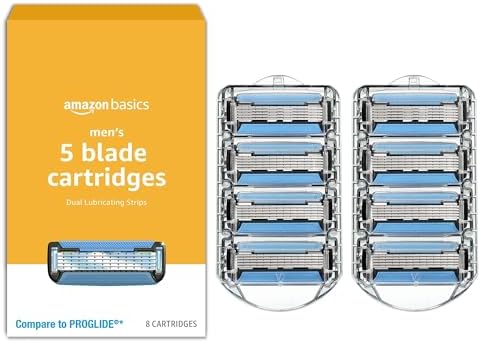 Amazon Basics 5-Blade MotionSphere Razor Refills for Men with Dual Lubrication and Precision Beard Trimmer, 8 Cartridges (Fits Amazon Basics Razor Handles only) (Previously Solimo)
