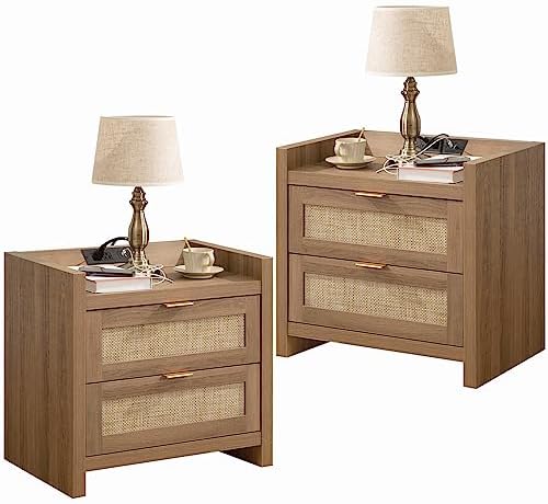 SICOTAS Night Stand Set of 2 - Rattan Nightstands with Type-C Charging Station, 2 Rattan Drawers - Boho Bed Side Tables End Table for Small Space - Natural Oak