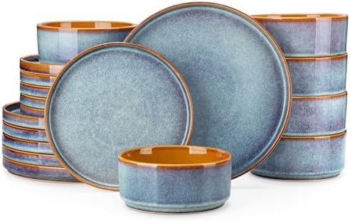 vancasso ONION Ceramic Plates and Bowls Sets, 18 Pieces Blue Dinnerware Sets for Kitchen, Reactive Glaze Dishes Set for 6, Dishwasher and Microwave Safe