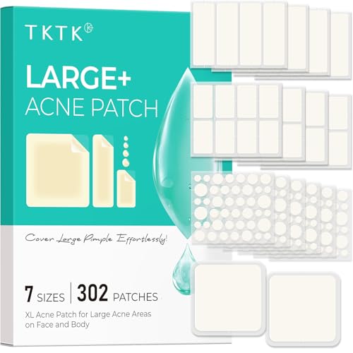 Large Pimple Patches for Face, 7 Sizes XL Acne Patches, Big Hydrocolloid Bandages for Body, Chin, Forehead, Chest, Back Zit Breakouts, Hydrocolloid Patch (Strip, Square, Dot 302 Count)