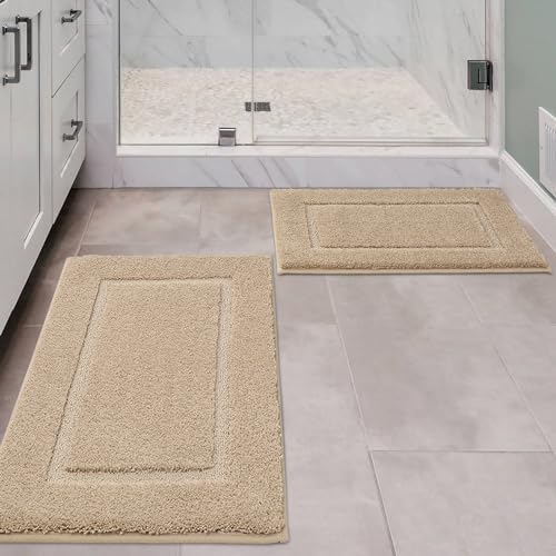 Bathroom Rugs Sets 2 Piece, Ultra Absorbent Soft Bath Rug, Machine Washable Microfiber Non-Slip Bath Mat for Bathroom Floor, Tub, Toilet, Shower Room, Beige