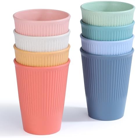 Wheat Straw Cups, Unbreakable Drinking Cup Dishwasher Safe Water Glasses with 8 Colors for Drinking Water, Juice,Milk, Soda, Coffee,Easy to Clean & Reusable (8 Pcs)