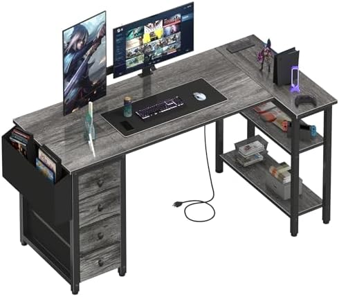 Lufeiya L Shaped Gaming Desk with Drawers & Storage Shelves, 55 Inch Corner Computer Desk with Power Outlet for Home Office Bedroom, L-Shaped Teen PC Desks with Fabric Drawer, Gray