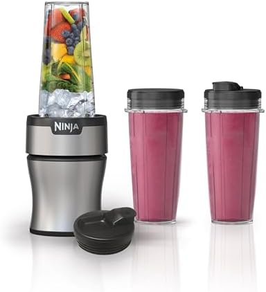 Ninja BN301 Nutri-Blender Plus Compact Personal Blender, 900-Peak-Watt Motor, Frozen Drinks, Smoothies, Sauces & More, (3) 20 oz. To-Go Cups, (2) Spout-Lids (1) Storage-Lid, Dishwasher Safe, Silver