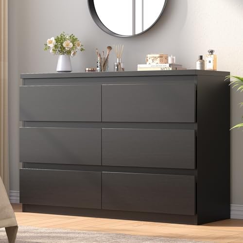 Black 6 Drawer Dresser for Bedroom, 15.3" D x 47.2" W x 32.3" H in Simply Modern Chest of Drawers, Wood Storage Double Dresser with Deep Drawers for Living Room, Hallway Entryway, Black