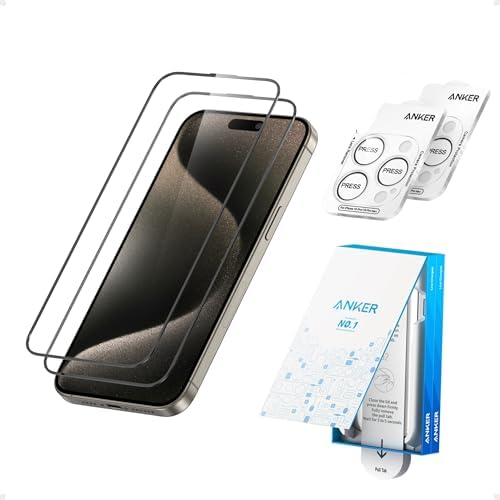 Anker HD Screen and Lens Protectors for iPhone 15 Pro (2-Pack), 6.1-Inch Ultra-Thin, Durable, and Clear Tempered Glass, Fast and Easy Installation, Scratch and Impact Resistant, 12-Month Warranty
