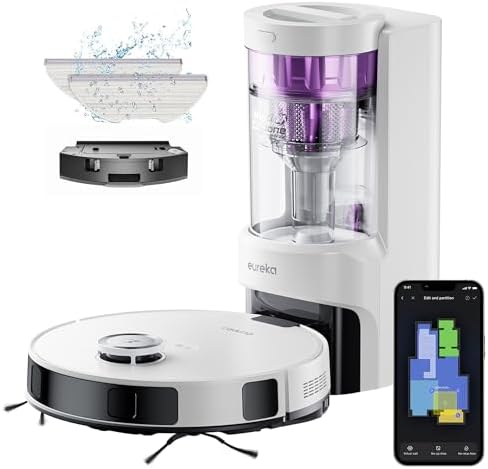 Eureka Robot Vacuum with Bagless Self Emptying Station, 2 in 1 Robotic Vacuum and Mop Combo, 60-Day Capacity, 4000Pa Suction, Auto Lifting Mop, LiDAR Navigation,NER E10s