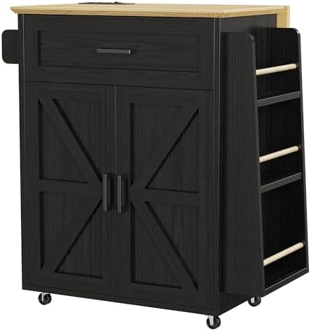 IRONCK Kitchen Island Cart with Storage, Rolling Kitchen Table with Power Outlet, Storage Cabinets on Wheels with Drop Leaf, Portable for Dining Room, Black