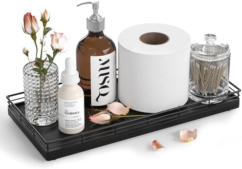 Oak Bathroom Toilet Tank Tray, 13" Wood Toilet Paper Storage Basket Back of Toilet Basket Organizer, Vanity Tray for Perfume Makeup Candle Kitchen Counter Coffee Table Black Tray Decor
