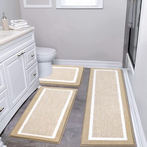 Pauwer 3-Piece Bathroom Rug Set: Microfiber Shaggy Bath Mats, Non-Slip, Machine Washable, Beige, 20"x32" + 20"x59" + U Shape 20"x24"
