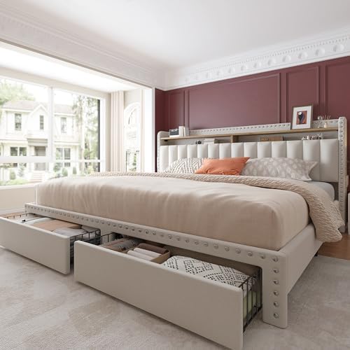 EnHomee King Size Bed Frame with 2-Tier Storage Headboard, Upholstered Platform Bed Frame with 2 Storage Drawers, Sturdy Wooden Slats Support, Noise-Free, No Box Spring Needed, Beige
