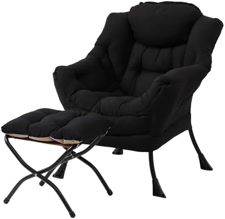 LITA Lazy Chair with Ottoman, Modern Accent Leisure Upholstered Sofa Chair, Contemporary Lounge Reading Chairs with Armrests and a Side Pocket for Living Room, Bedroom & Small Space, Black