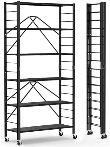 Himix 6 Tier Foldable Storage Shelves, Expandable Folding Bookshelf with Wheels, Changeable into 2 Shelf Units, Collapsible Adjustable Storage Rack Metal Shelves for Garage, Kitchen, Black