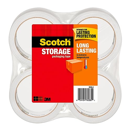 Scotch Long Lasting Storage Packaging Tape, 1.88" x 54.6 yd, Designed for Storage and Packing, Stays Sealed in Weather Extremes, 3" Core, Clear, 4 Rolls (3650-4)