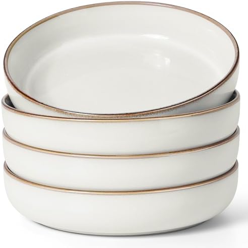 Herogo Stoneware Pasta Bowls Set of 4, 37 Ounce Large Wide Shallow Plates and Stackable Serving Bowls Sets for Salad Soup Cereal, Microwave & Dishwasher Safe, Ivory White