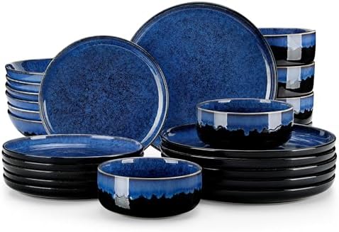 vancasso Starry Plates and Bowls Sets for 6, 24 Pieces Dinnerware Sets, Blue Reactive Glaze Dishes Sets for Kitchen, Scratch Resistant Stoneware Dishes Set, Dishwasher and Microwave Safe