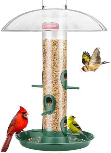 Kingsyard Metal Bird Feeders for Outdoors Hanging, Wild Bird Feeder for Finch Cardinal, Large Seeds Tray & Rainproof Dome (Drak Green)