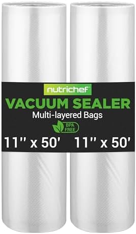 NutriChef Vacuum Sealer Bags 11x50 Rolls 2 pack for Food Saver, Seal a Meal, NutriChef, Weston. Commercial Grade, BPA Free, Heavy Duty, Great for vac storage, Meal Prep or Sous Vide