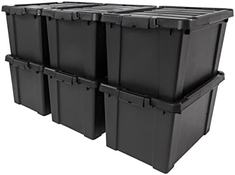 IRIS USA 20 Gallon Lockable Storage Bins with Lids, 6 Pack - Made in USA, Heavy Duty, Stackable Containers, Garage Organizing Bins Moving Tubs, Rugged Sturdy Equipment Utility Box - Black
