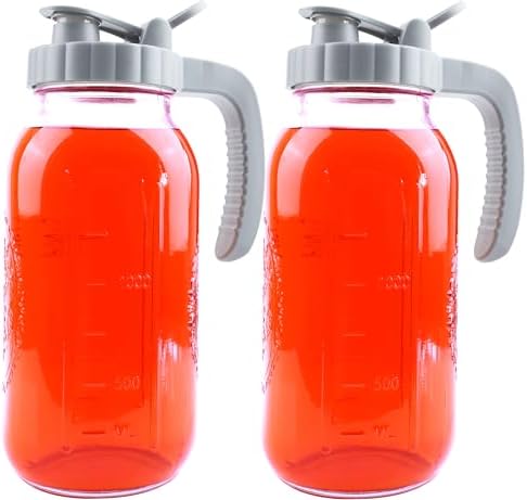 64 Oz Mason Jar Pitcher With Lid 2 Set Wide Mouth Half Gallon Glass Pitchers 2 Quart Cold Boiling Water Jug For Coffee,Lemonade, Iced Tea,Homemade Drinks,Milk,Juice Storage Container For Refrigerator
