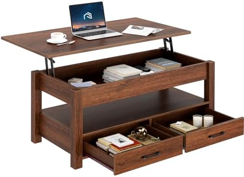 Rolanstar Coffee Table, Lift Top Coffee Table with Drawers and Hidden Compartment, Retro Central Table with Wooden Lift Tabletop, for Living Room,Espresso
