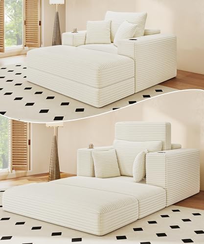 62" Oversized Chaise Lounge Chair Indoor, Fluffy Corduroy Upholstered Boneless Couch, Convertible Sleeper Sofa Bed & Reading Chair, Cloud Sofa Couches for Living Room, No Assembly, Beige