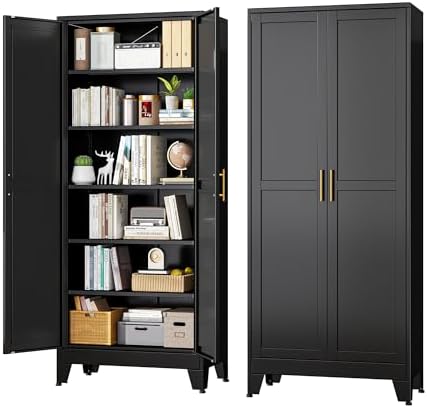 Black Metal Storage Cabinet,75" Steel Cabinets for Home Office, Kitchen Pantry Storage Cabinet with Doors and 5 Adjustable Shelves, Tool Cabinets, for Office, Home, Garage, School