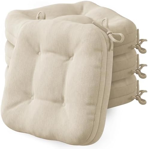 Codi Dining Chair Cushions 4 Pack, Thick Chairs Pads for Indoor Kitchen Room - Washable, Non-Slip Memory Foam Seat Cushion with Ties, 16.5"x16.5"x 3.5", Set of 4, Beige
