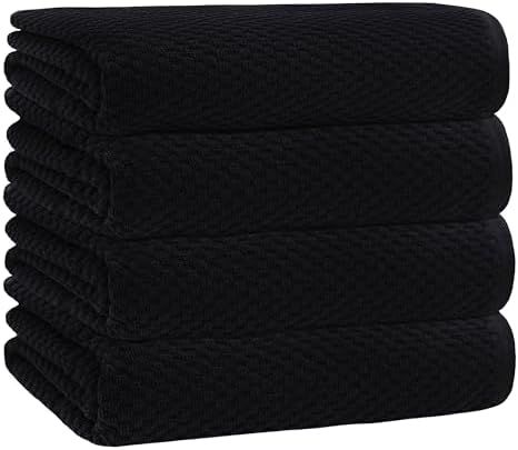 COTTON CRAFT Waffle Bath Towel - Set of 4 Luxury Euro Spa Waffle Weave Towels - 100% Ringspun Cotton Super Absorbent Quick Dry Bath Towel Set - Oversized 30 inches x 56 inches - Black