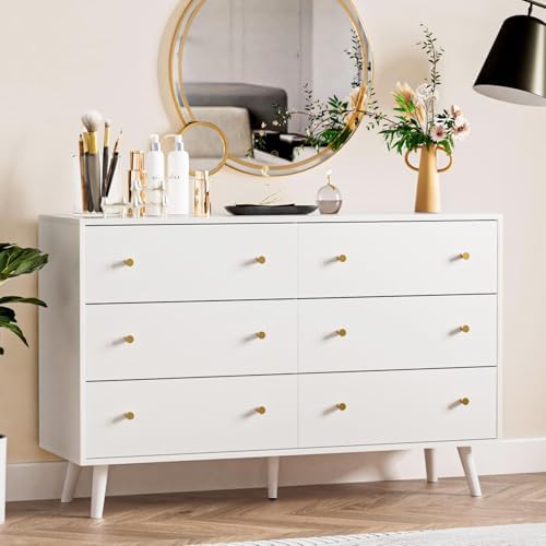 White 6 Drawer Dresser for Bedroom, Modern White Dresser with Gold Handles, Chest of Drawers for Bedroom