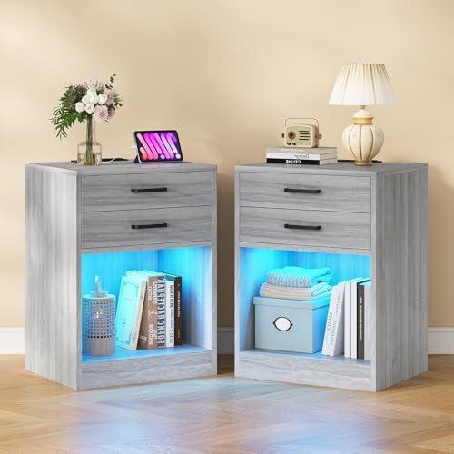 ADORNEVE LED Nightstands Set of 2,Night Stands for Bedrooms Set of 2,Nightstand with Charging Station and LED Lights,Bedside Table with Drawers & USB Ports (Grey)