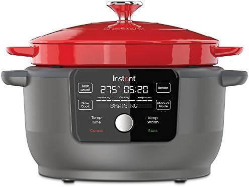 Instant Pot Electric Round Dutch Oven,6-Quart 1500W,From the Makers of Instant Pot,5-in-1: Braise,Slow Cook,Sear/Sauté,Food Warmer,Cooking Pan,Enameled Cast Iron,Included Recipe Book,Red