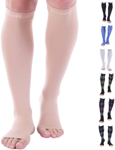 Doc Miller Open Toe Compression Socks for Men & Women, 30-40 mmHg Knee High Support, Toeless Design for Daily Leg Comfort, Breathable Nylon Spandex, 1 Pair