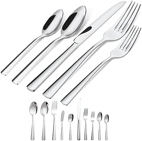45-Piece Silverware Set Flatware Cutlery Set Service for 8, Durable Stainless Steel Tableware in Ergonomic Design Size and Weight, Kitchen Utensil Sets with Steak Knives, Rust-proof, Dishwasher Safe