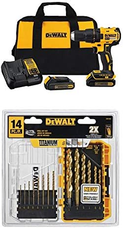 DEWALT DW1354 14-Piece Titanium Drill Bit Set, Yellow and DEWALT DCD777C2 20V Max Lithium-Ion Brushless Compact Drill Driver