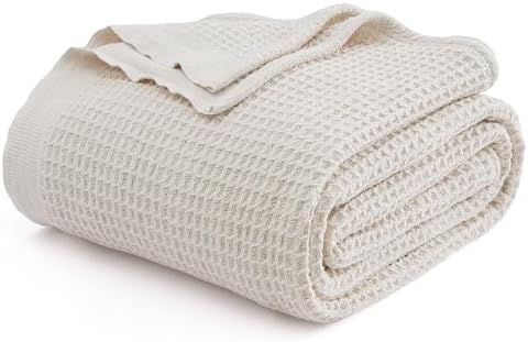Bedsure 100% Cotton Blanket Queen Size for Bed - Breathable and Soft, Waffle Weave Blanket for Summer Spring, Khaki (a Little Bit Yellow), 90x90 Inches