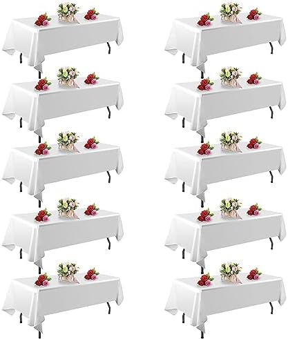 10 Pack White Table Cloth Rectangle Table 60 x 102 Inch Tablecloths for 6 Foot Rectangle Tables. Stain and Winkle Resistant Polyester Washable White Tablecloths for Parties Wedding Dining