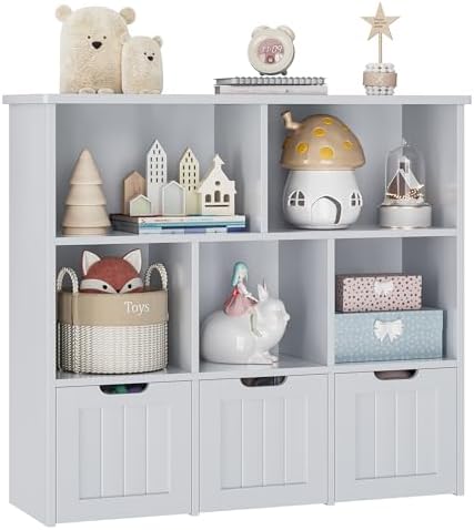 FOTOSOK Toy Storage Organizer with 3 Movable Drawers, Floor Storage Cabinet Toy Organizer with Hidden Wheels and 5 Storage Cubbies, Multifunctional Toys Chest for Playroom, Grey