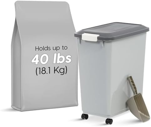 IRIS USA Dog Food Storage Container with Wheels, Airtight Lid, 2-Cup Scoop, Up to 40 Pounds Pet Food Storage, Built in Scoop Storage in Lid, Versatile Pet Food Bin, Portable, BPA Free, Gray/Dark Gray