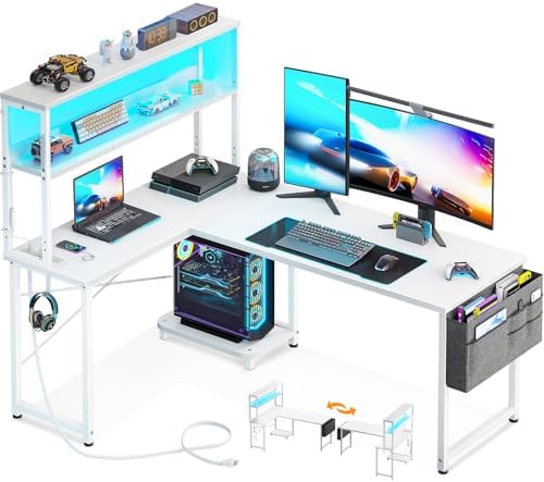 AODK L Shaped Desk Gaming Desk with LED Light & Power Outlet, 53 Inch Reversible L Shaped Computer Table with Shelf, Corner Desk with Storage Bag&Hook for Home Office Desk, White