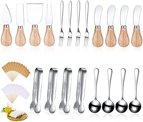 Charcuterie Board Accessories Spreader Knife Set Cheese Butter Spreader Knife Charcuterie Utensils with Wooden Handles Mini Serving Tongs Spoons Forks for party Wedding Christmas (Silver, 20 Pieces)